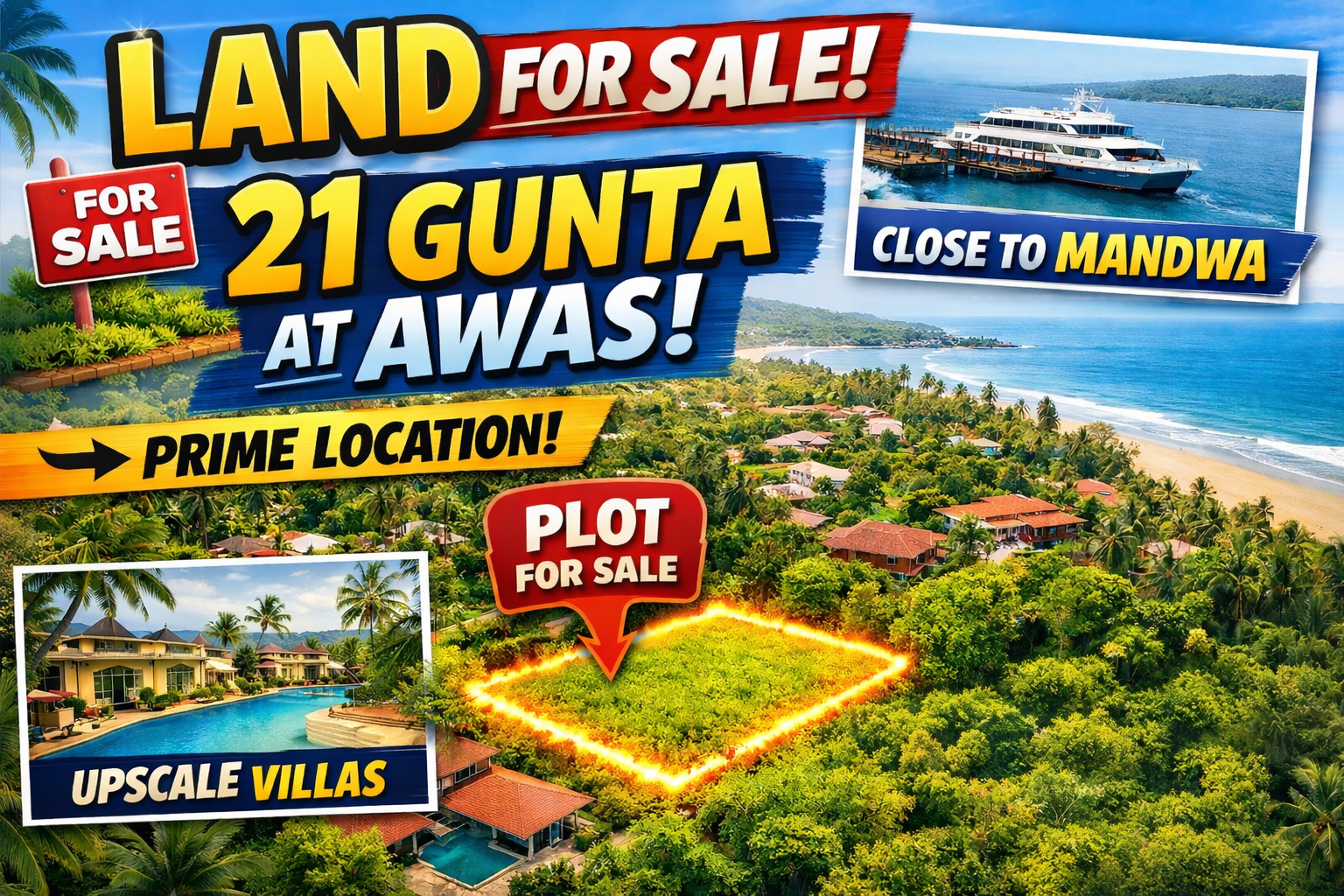 21 guntha road touch land for sale in Awas Alibaug with G1 zoning FSI 0.48 ideal for luxury villa resort development near Mandwa Jetty
